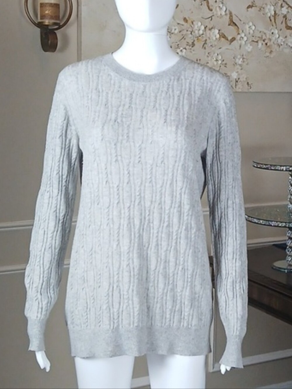 Women's Cable-Knit Crewneck Light Gray Merino Cashemere Blend Large - Picture 5 of 17